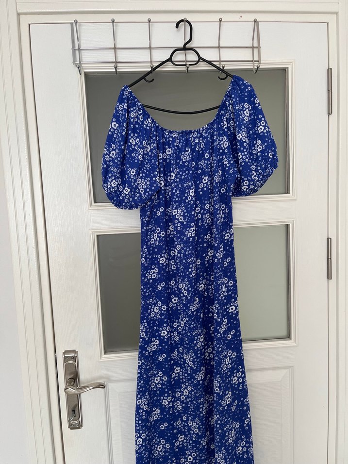 Uzun Mavi Çiçekli Bohem Elbise - Görsel 2