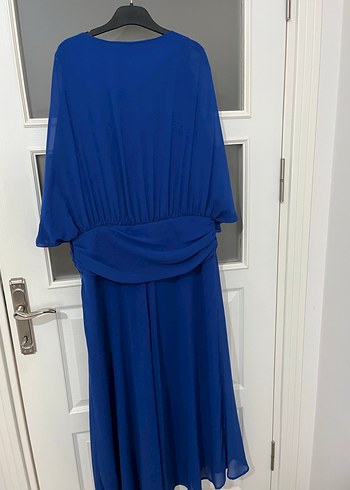 Mavi Uzun Drapeli Kadın Abiye Elbise - Görsel 3