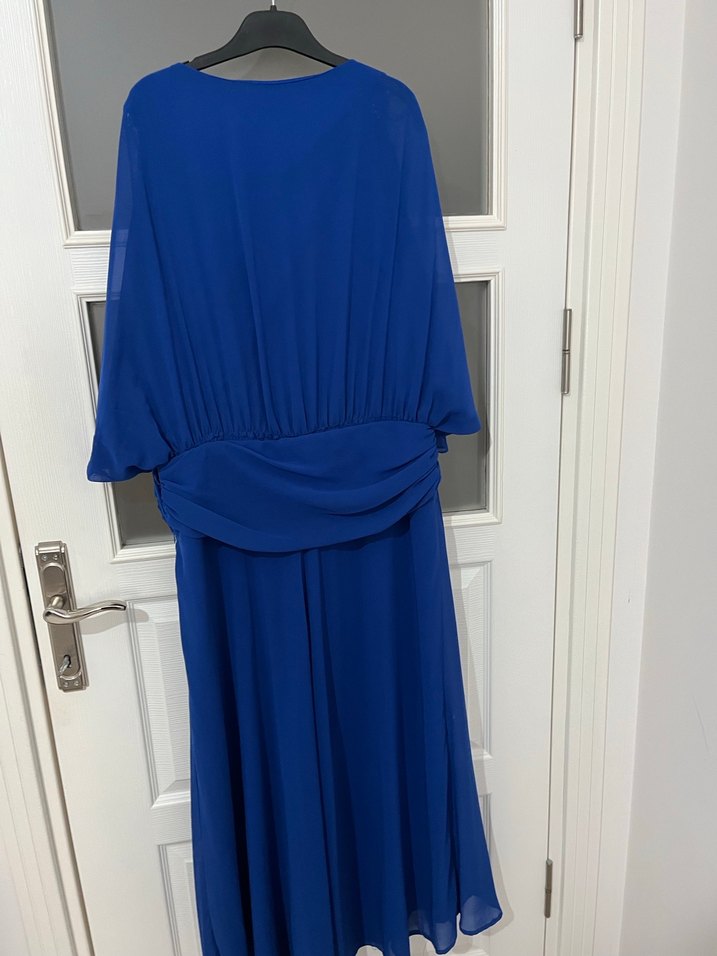 Mavi Uzun Drapeli Kadın Abiye Elbise - Görsel 3