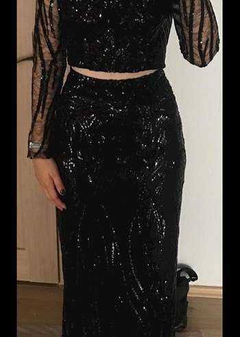 Uzun Kollu siyah Dantel Gece Elbisesi - Görsel 3