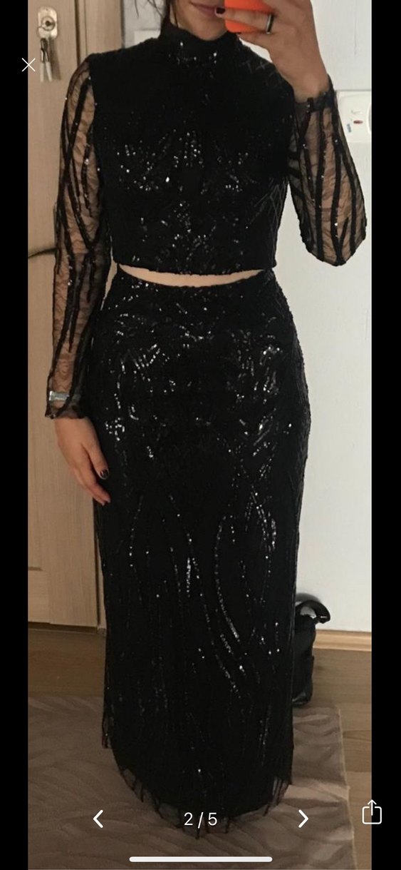 Uzun Kollu siyah Dantel Gece Elbisesi - Görsel 3