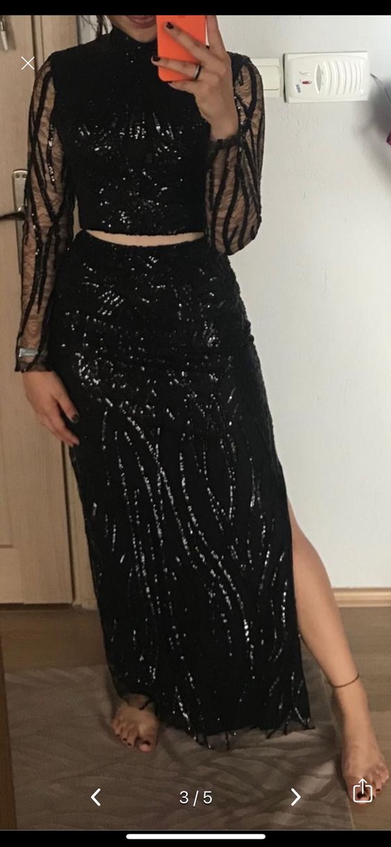 Uzun Kollu siyah Dantel Gece Elbisesi - Görsel 4