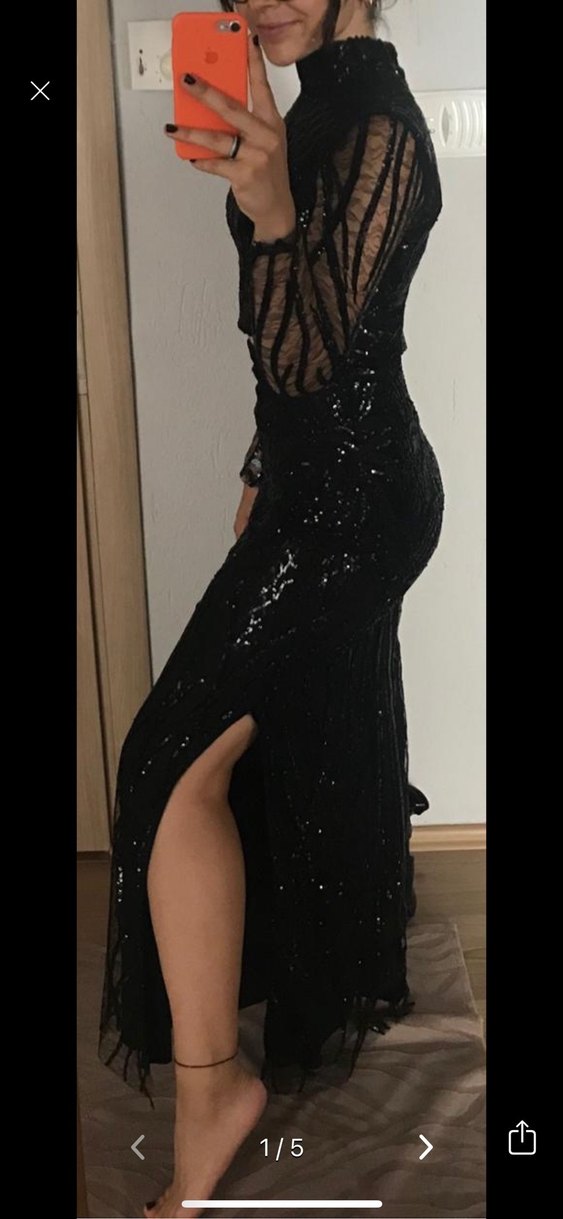 Uzun Kollu siyah Dantel Gece Elbisesi - Görsel 2