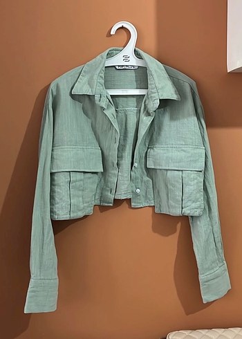 Düğmeli Keten Bej Crop Gömlek - Görsel 2