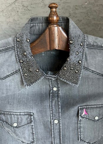 Diğer Gri Kadın İşlemeli Denim Gömlek Uzun Kollu