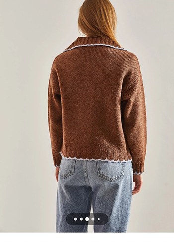 Kahverengi Triko Gömlek Yaka Kadın Hırka - Görsel 2