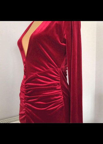 Bordo Drapeli Uzun Kollu V Yaka Kadın Kadife Abiye Elbise - Görsel 3