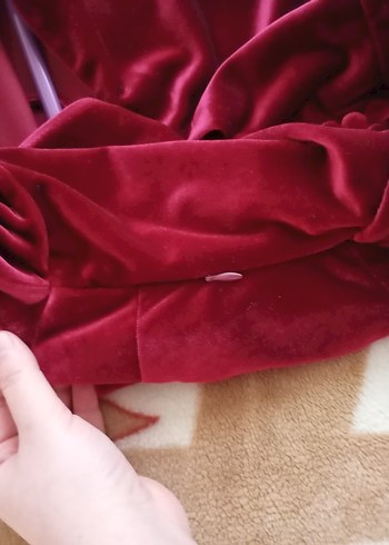 Bordo Drapeli Uzun Kollu V Yaka Kadın Kadife Abiye Elbise - Görsel 6