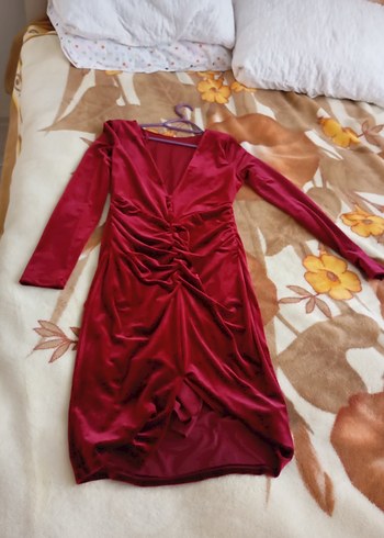 Bordo Drapeli Uzun Kollu V Yaka Kadın Kadife Abiye Elbise - Görsel 10