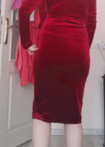 Bordo Drapeli Uzun Kollu V Yaka Kadın Kadife Abiye Elbise - Görsel 11