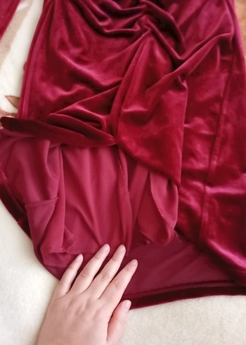 Bordo Drapeli Uzun Kollu V Yaka Kadın Kadife Abiye Elbise - Görsel 9