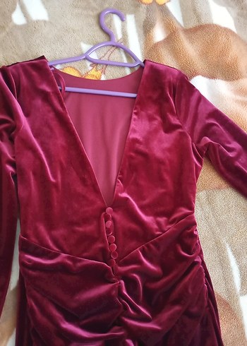 Bordo Drapeli Uzun Kollu V Yaka Kadın Kadife Abiye Elbise - Görsel 8