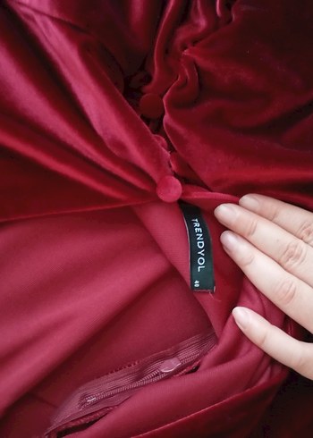 Bordo Drapeli Uzun Kollu V Yaka Kadın Kadife Abiye Elbise - Görsel 7