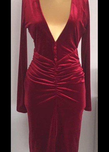 Bordo Drapeli Uzun Kollu V Yaka Kadın Kadife Abiye Elbise - Görsel 2