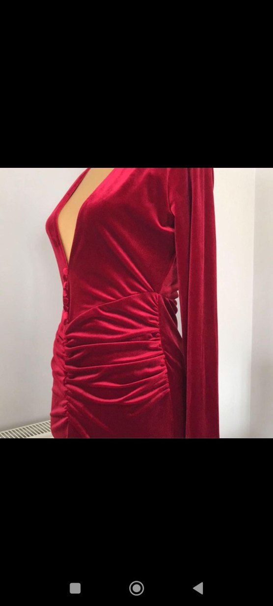 Bordo Drapeli Uzun Kollu V Yaka Kadın Kadife Abiye Elbise - Görsel 3