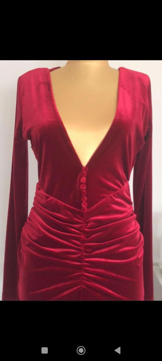 Bordo Drapeli Uzun Kollu V Yaka Kadın Kadife Abiye Elbise - Görsel 4