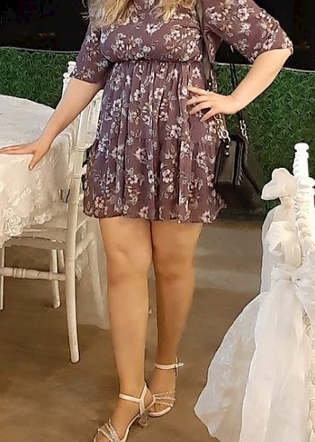 Uzun Kollu Mor Çiçekli Bohem Elbise - Görsel 3