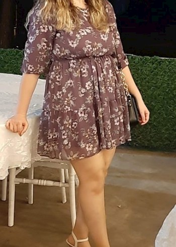 Uzun Kollu Mor Çiçekli Bohem Elbise - Ana görsel