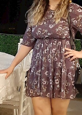 Uzun Kollu Mor Çiçekli Bohem Elbise - Görsel 2