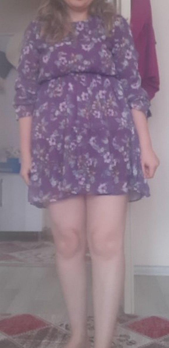 Uzun Kollu Mor Çiçekli Bohem Elbise - Görsel 4