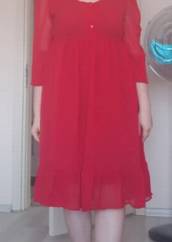 Kırmızı Fırfırlı Midi Kadın Elbise - Ana görsel