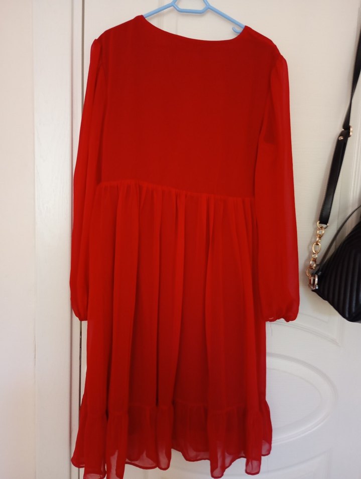 Kırmızı Fırfırlı Midi Kadın Elbise - Görsel 4