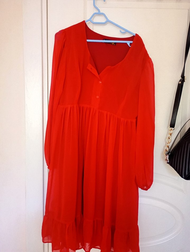 Kırmızı Fırfırlı Midi Kadın Elbise - Görsel 3