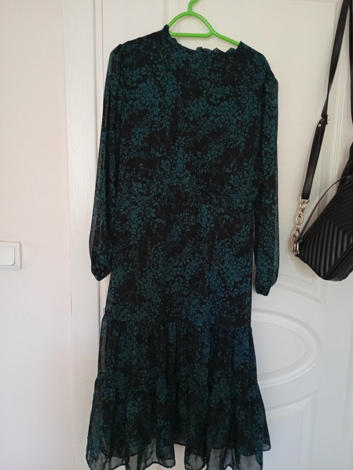 Yeşil Uzun Kollu Bağlama Desenli Uzun Şifon Elbise - Görsel 5