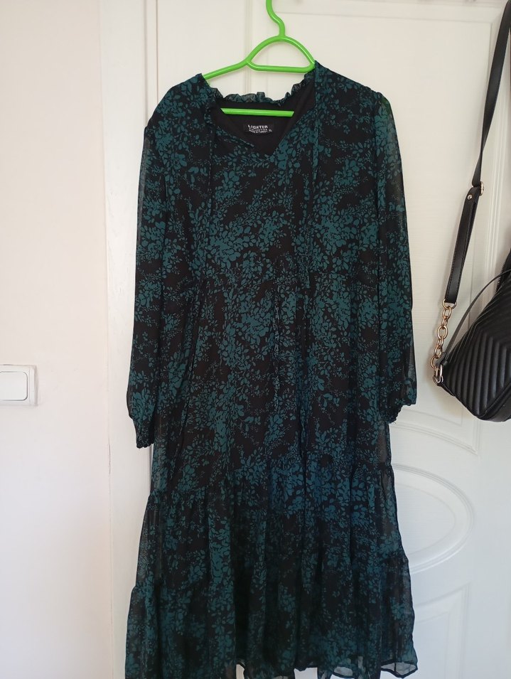 Yeşil Uzun Kollu Bağlama Desenli Uzun Şifon Elbise - Görsel 3