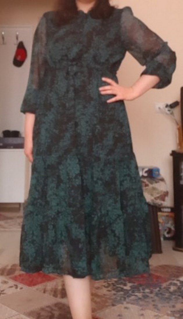 Yeşil Uzun Kollu Bağlama Desenli Uzun Şifon Elbise - Görsel 2