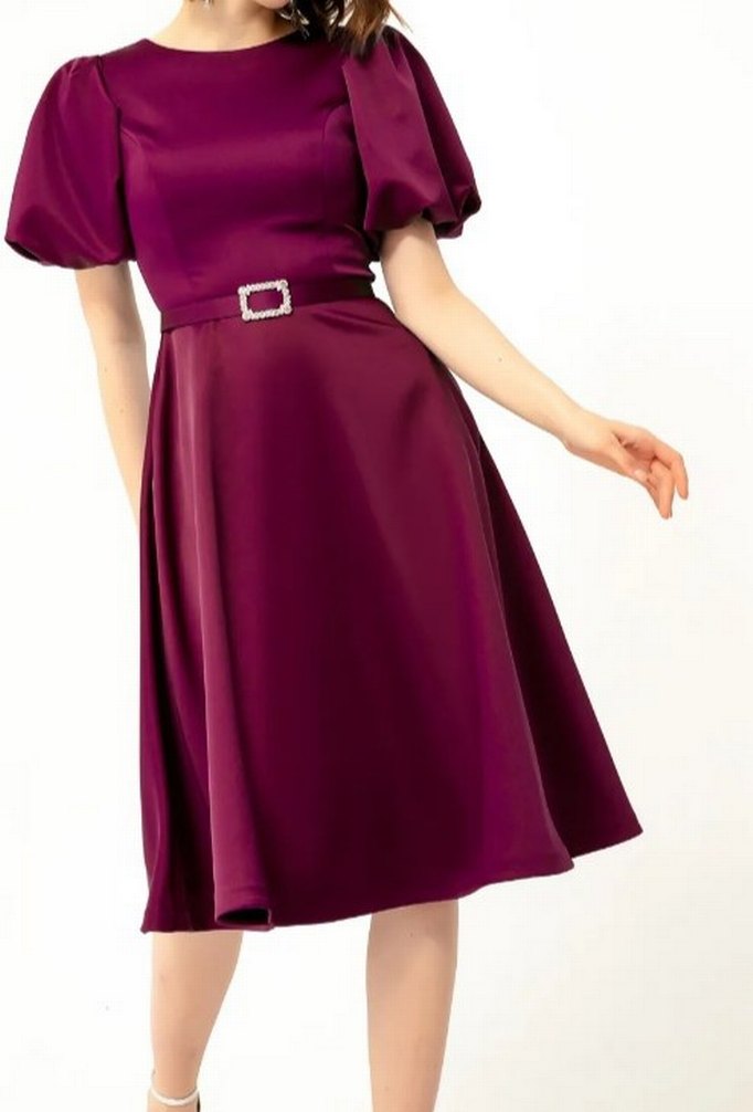 Mürdüm Renkli Kemerli Midi Elbise - Görsel 2