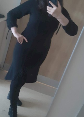 Siyah V Yaka Strappy Midi Kalem Elbise - Görsel 9