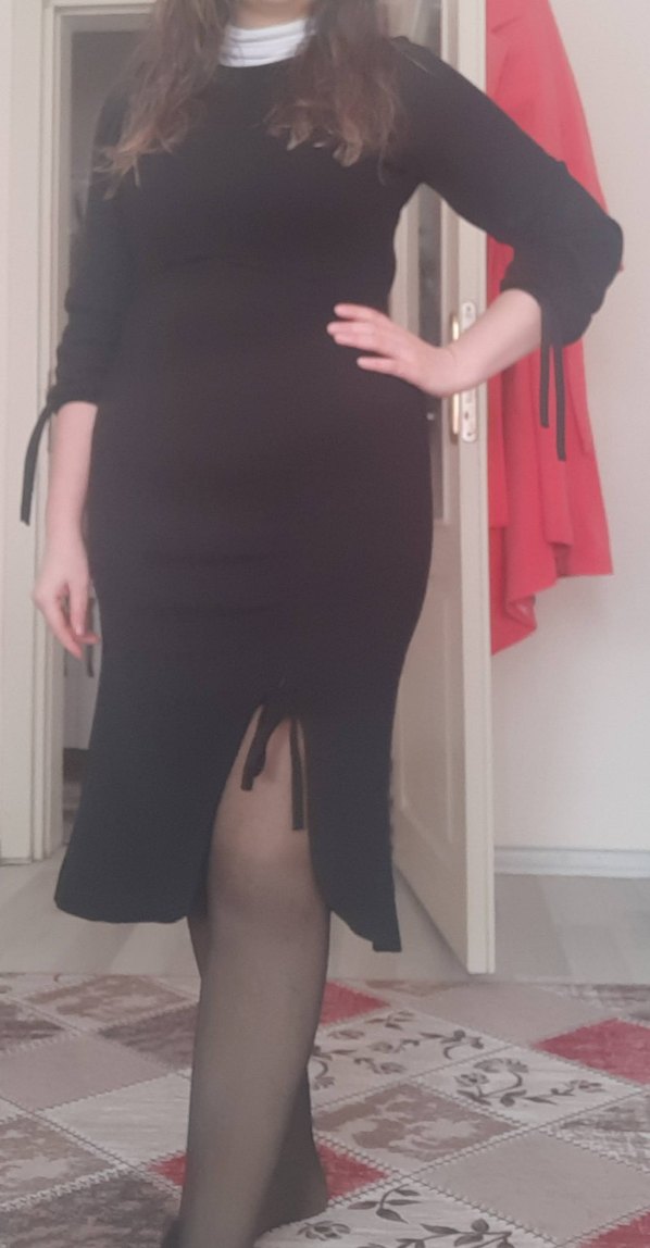 Siyah V Yaka Strappy Midi Kalem Elbise - Görsel 2