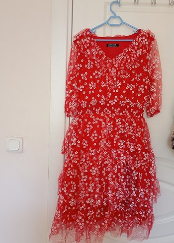 Kırmızı Çiçekli Midi Bohem Elbise - Görsel 6