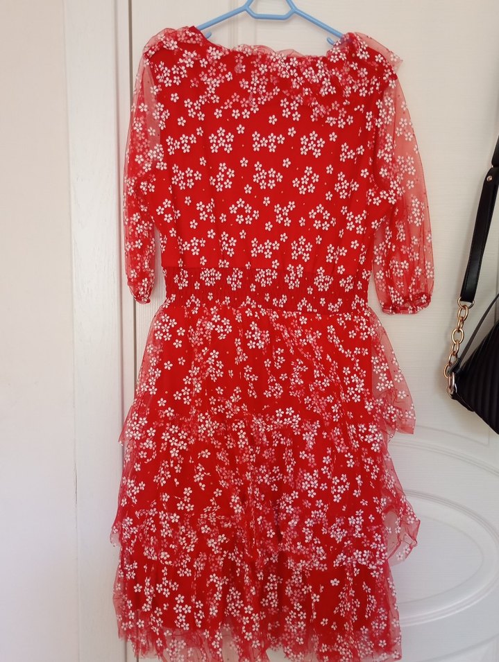 Kırmızı Çiçekli Midi Bohem Elbise - Görsel 4