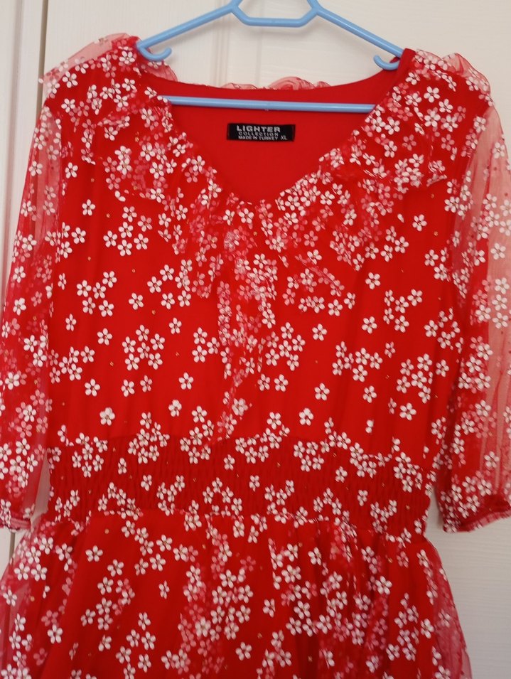 Kırmızı Çiçekli Midi Bohem Elbise - Görsel 5