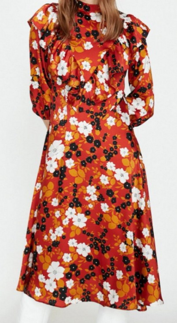 Turuncu Çiçek Desenli Uzun Kadın Elbise - Görsel 3