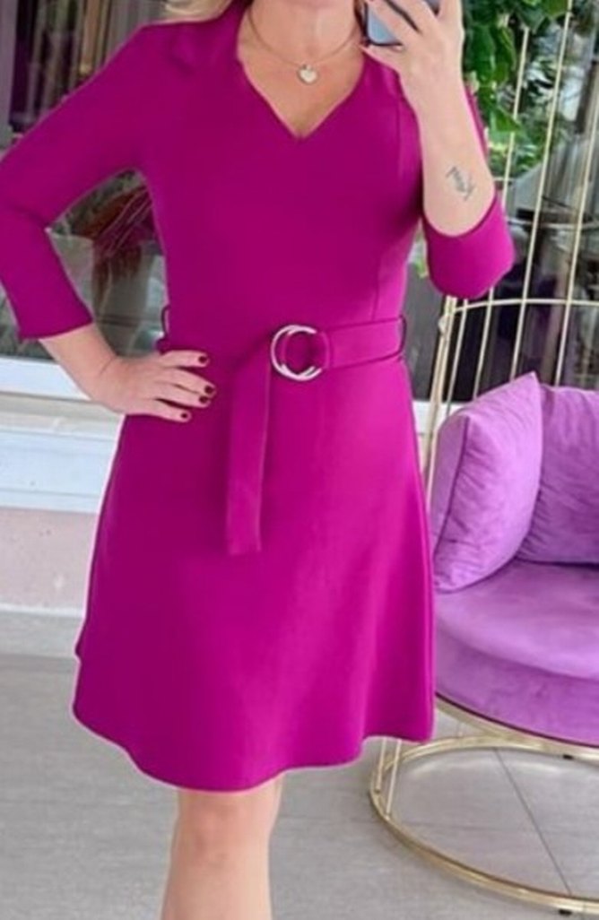 Mor V Yaka Kemerli Midi Elbise - Görsel 3