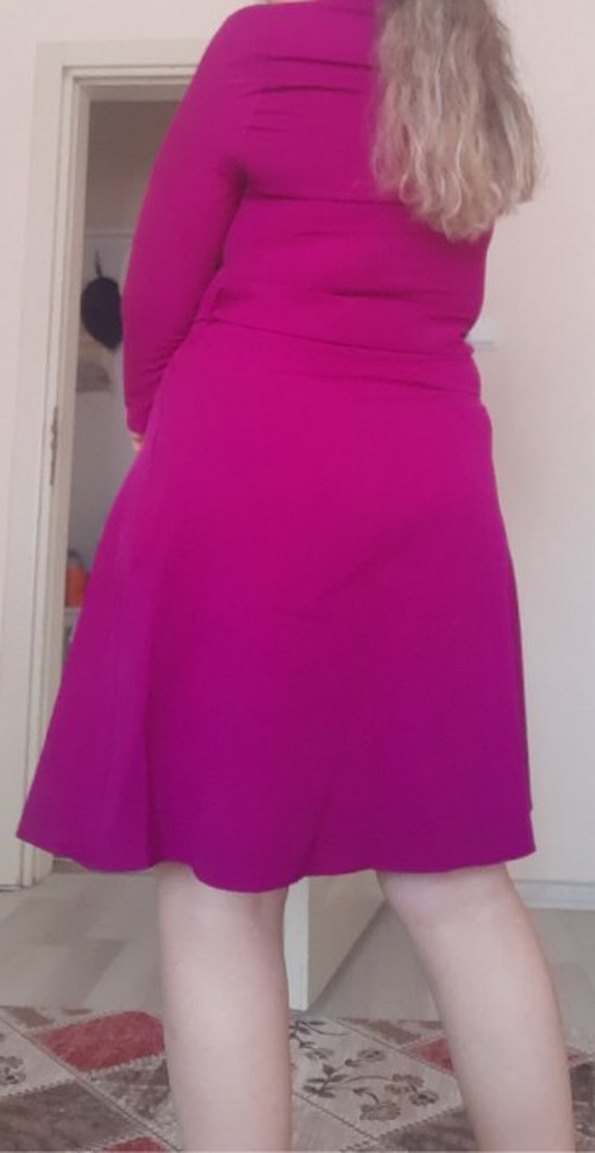 Mor V Yaka Kemerli Midi Elbise - Görsel 2