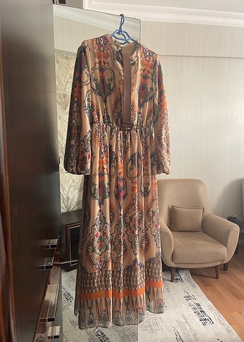 Kahverengi Bağcıklı Bohem Uzun Elbise - Görsel 7