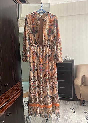 Kahverengi Bağcıklı Bohem Uzun Elbise - Görsel 4