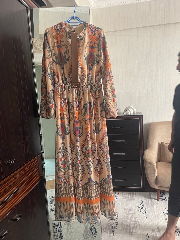 Kahverengi Bağcıklı Bohem Uzun Elbise - Görsel 5