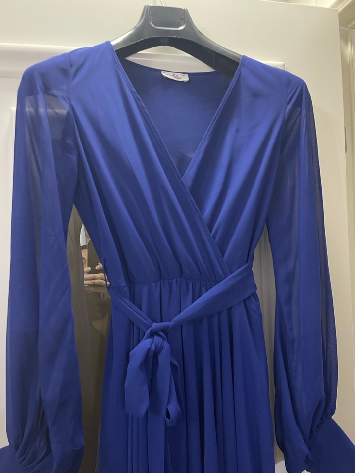 Kadın Mavi Uzun Kollu Uzun Elbise - Görsel 2