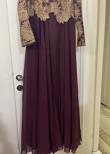 Bordo Nakışlı Uzun Kollu Vintage Abiye Elbise - Görsel 3