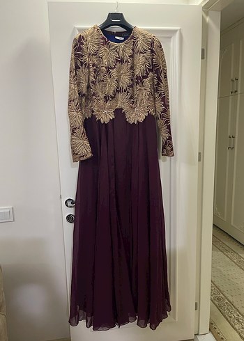 Bordo Nakışlı Uzun Kollu Vintage Abiye Elbise - Görsel 2