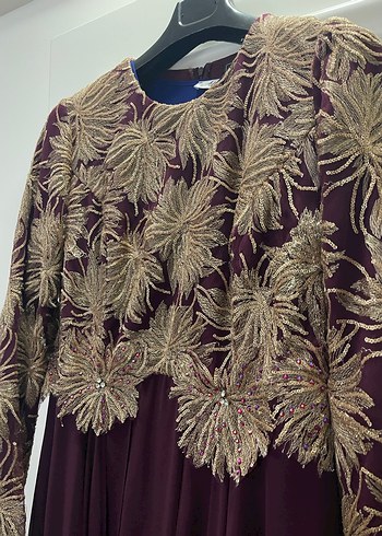 Bordo Nakışlı Uzun Kollu Vintage Abiye Elbise - Görsel 4