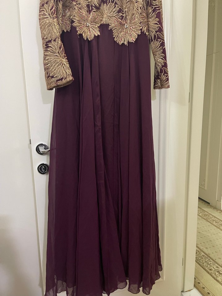 Bordo Nakışlı Uzun Kollu Vintage Abiye Elbise - Görsel 3