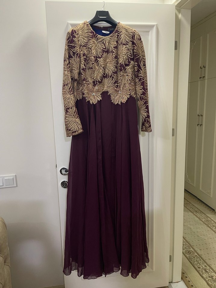 Bordo Nakışlı Uzun Kollu Vintage Abiye Elbise - Görsel 2