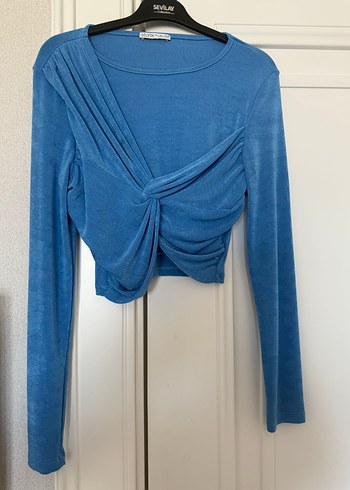 Mavi Keten Drapeli Uzun Kollu Bluz - Görsel 2