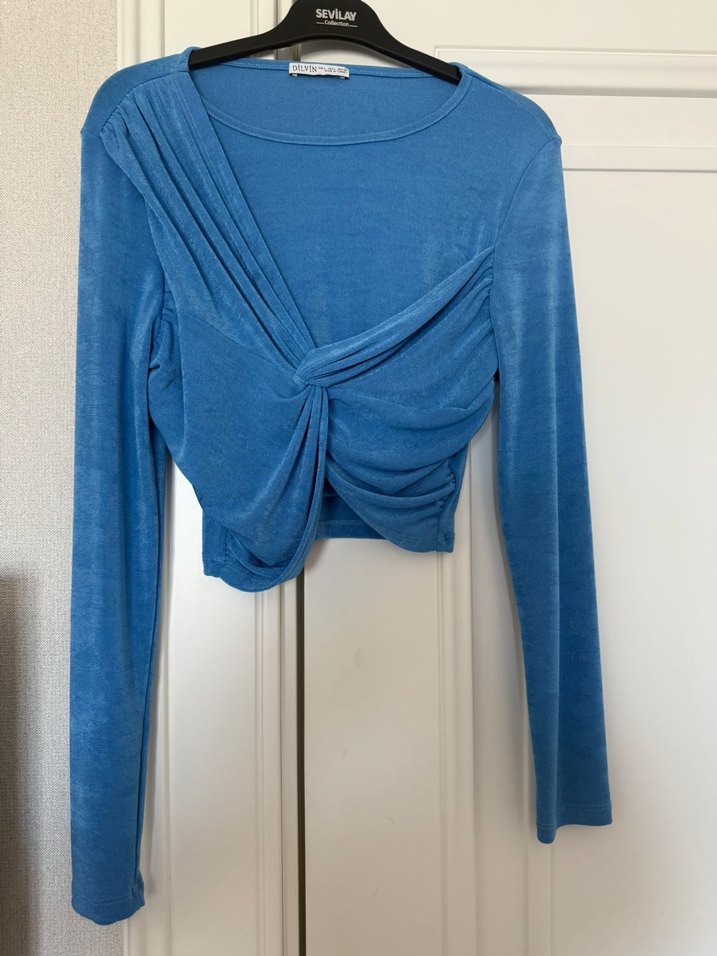 Mavi Keten Drapeli Uzun Kollu Bluz - Görsel 2